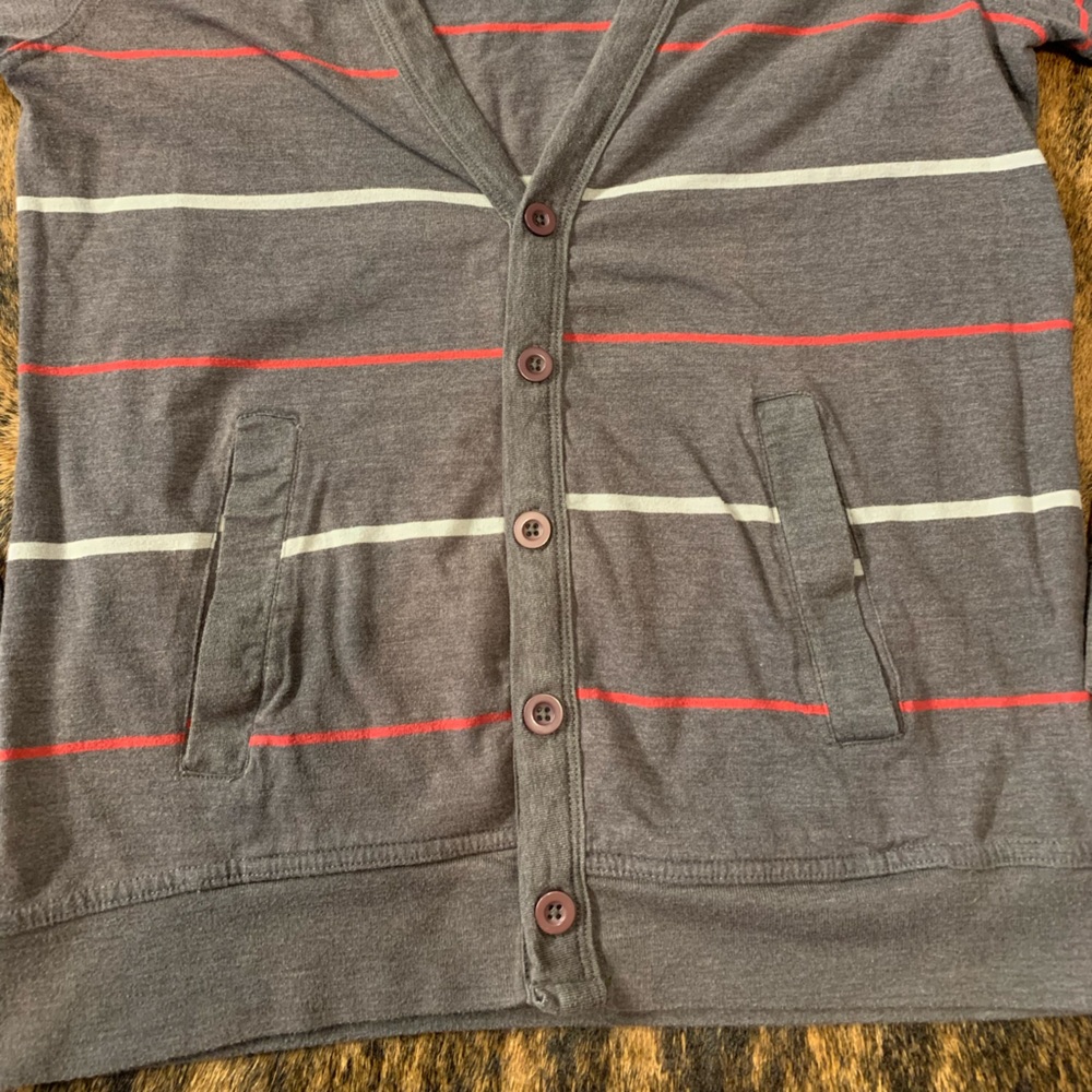 Carbon size small gray with white and red strip button up cardigan with pockets - Picture 5 of 7